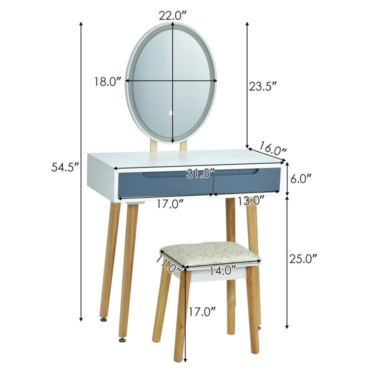 Touch Screen Vanity Makeup Table Stool Set with Lighted Mirror-GrayCostway Gallery View 4 of 12