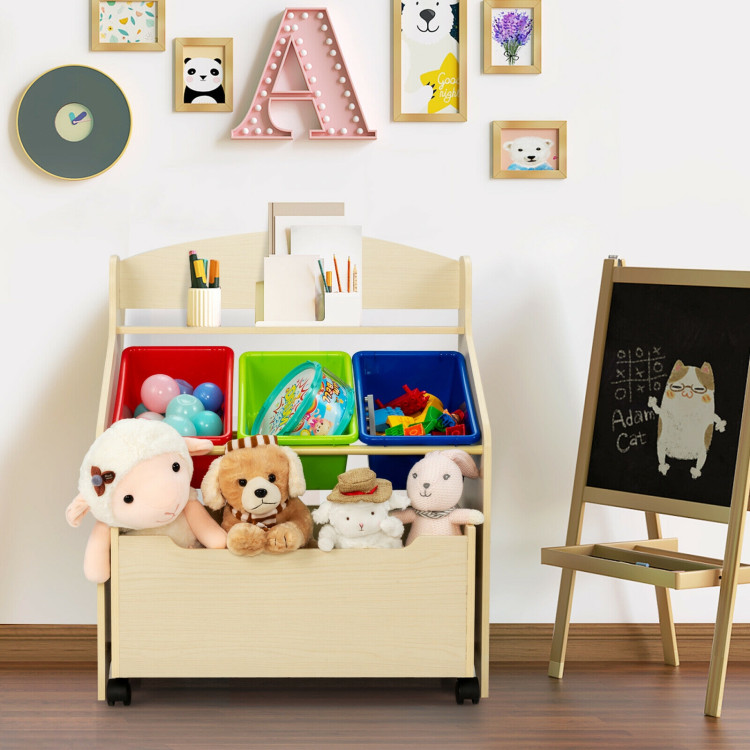 Kids Wooden Toy Storage Unit Organizer with Rolling Toy Box and Plastic Bins-NaturalCostway Gallery View 6 of 12