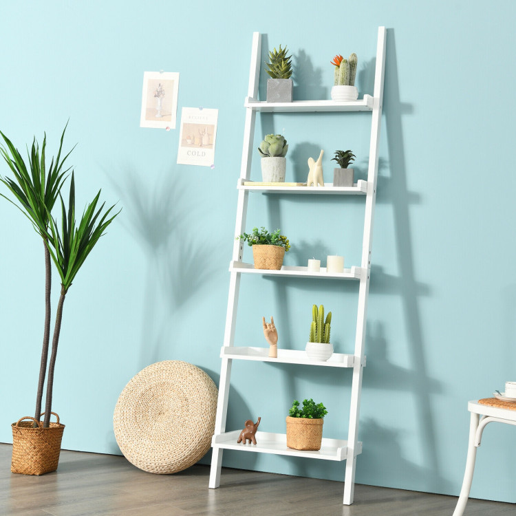 5-Tier Wall-leaning Ladder Shelf  Display Rack for Plants and Books-WhiteCostway Gallery View 9 of 12