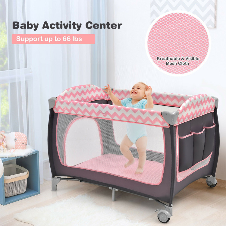 3-in-1 Portable Baby Playard with Zippered Door and Toy Bar-PinkCostway Gallery View 3 of 13