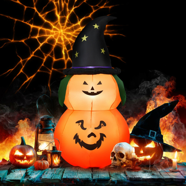 5 Feet Halloween Inflatable LED Pumpkin with Witch HatCostway Gallery View 6 of 12