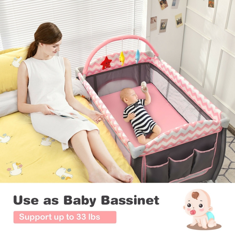 3-in-1 Portable Baby Playard with Zippered Door and Toy Bar-PinkCostway Gallery View 7 of 13