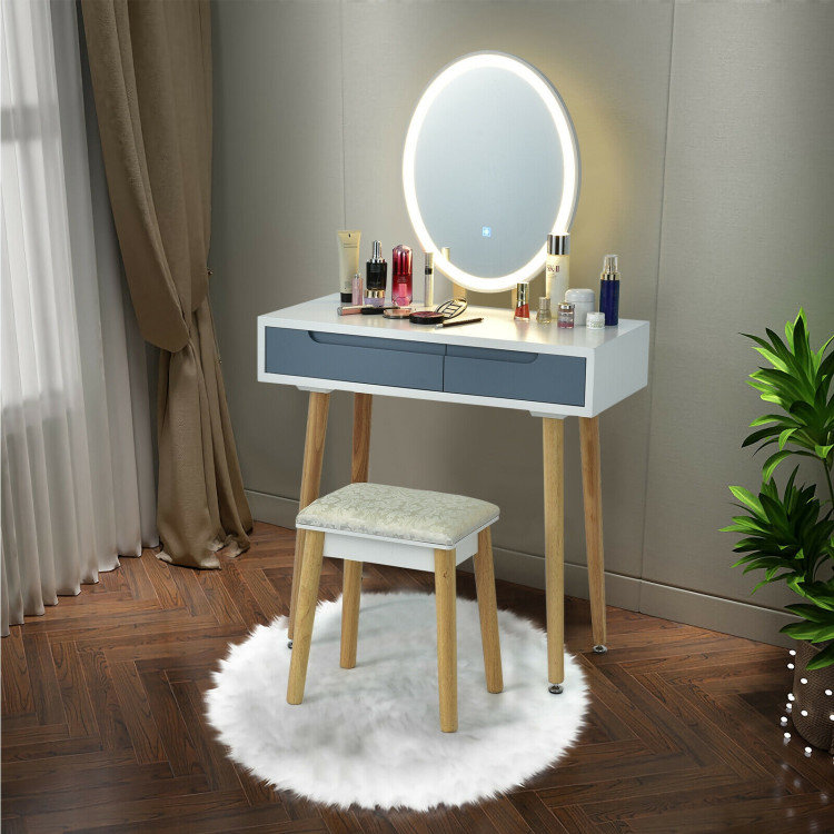 Touch Screen Vanity Makeup Table Stool Set with Lighted Mirror-GrayCostway Gallery View 7 of 12