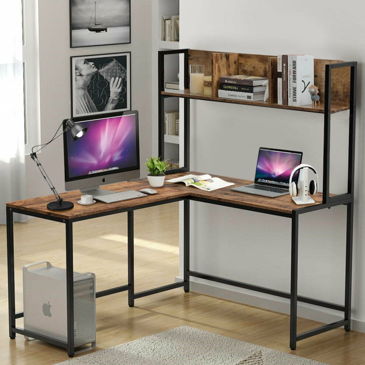 Reversible L-Shaped Corner Desk with Storage Bookshelf-BrownCostway Gallery View 2 of 12