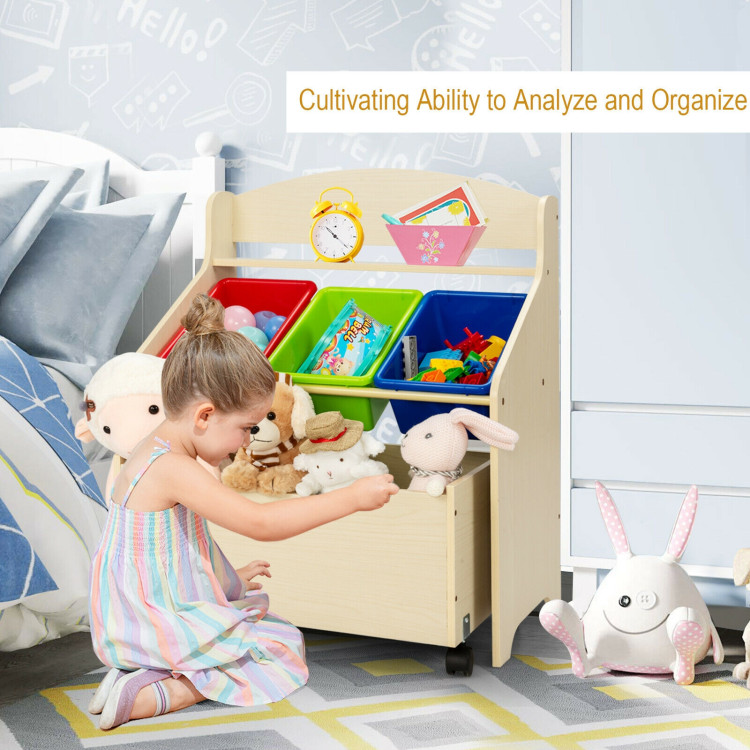 Kids Wooden Toy Storage Unit Organizer with Rolling Toy Box and Plastic Bins-NaturalCostway Gallery View 9 of 12