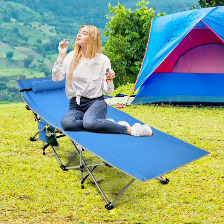 Folding Camping Cot with Side Storage Pocket Detachable Headrest-BlueCostway Gallery View 8 of 12