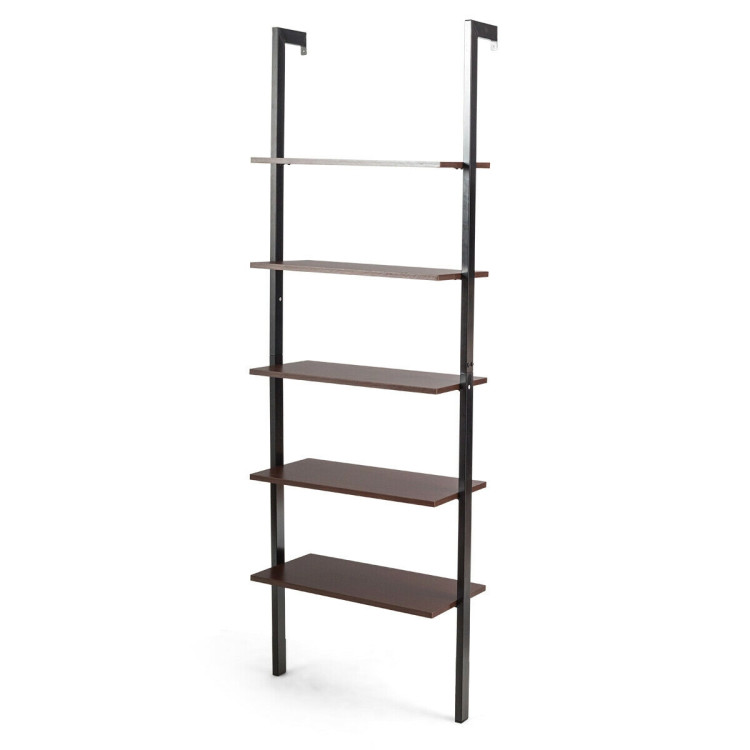 5-Tier Wood Look Ladder Shelf with Metal Frame for Home-BrownCostway Gallery View 4 of 12