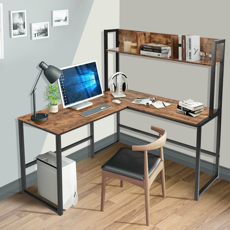 Reversible L-Shaped Corner Desk with Storage Bookshelf-BrownCostway Gallery View 7 of 12
