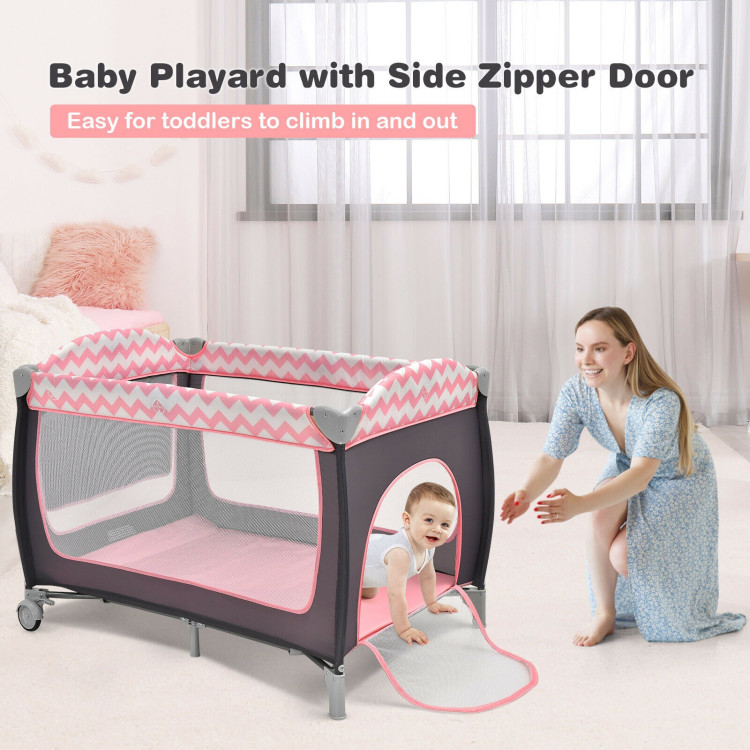 3-in-1 Portable Baby Playard with Zippered Door and Toy Bar-PinkCostway Gallery View 2 of 13