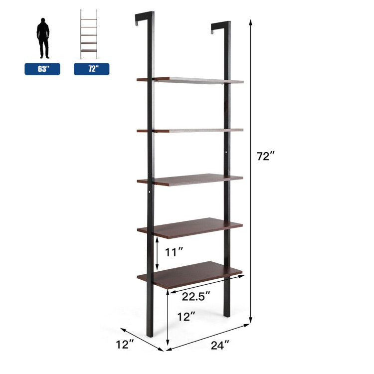 5-Tier Wood Look Ladder Shelf with Metal Frame for Home-BrownCostway Gallery View 5 of 12