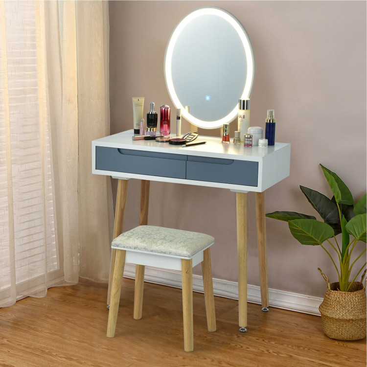 Touch Screen Vanity Makeup Table Stool Set with Lighted Mirror-GrayCostway Gallery View 2 of 12