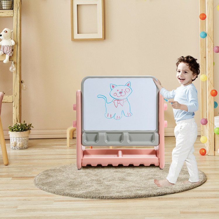 2 in 1 Kids Easel Table and Chair Set  with Adjustable Art Painting Board-PinkCostway Gallery View 1 of 12