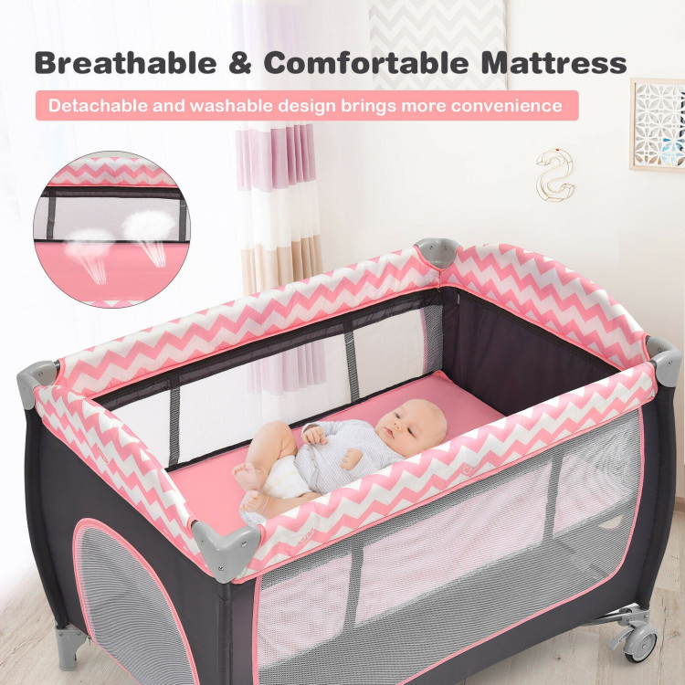 3-in-1 Portable Baby Playard with Zippered Door and Toy Bar-PinkCostway Gallery View 10 of 13