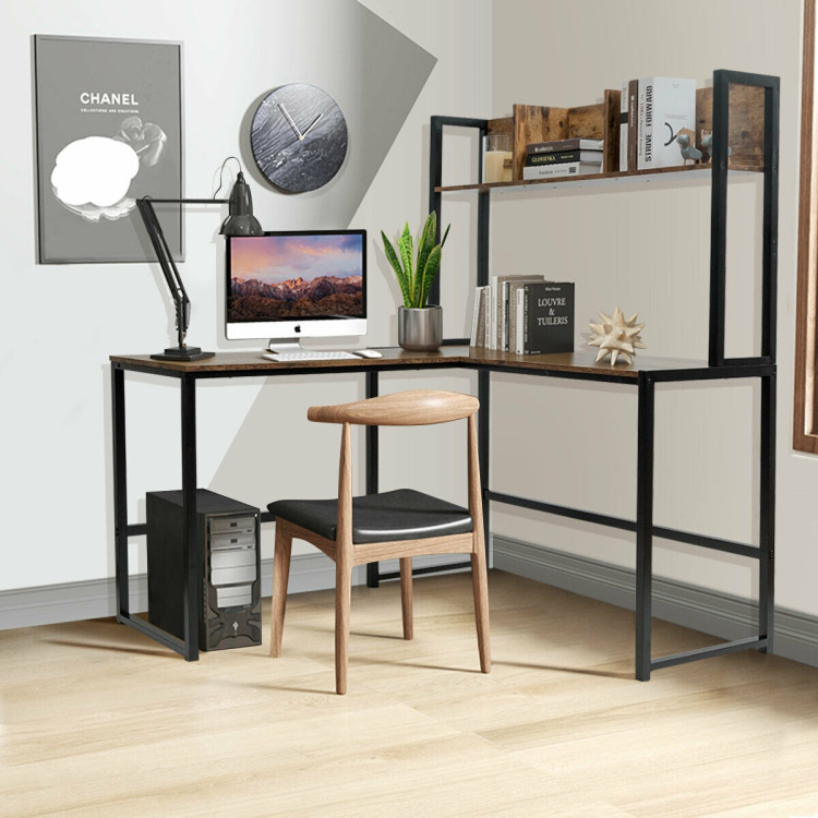 Reversible L-Shaped Corner Desk with Storage Bookshelf-BrownCostway Gallery View 6 of 12
