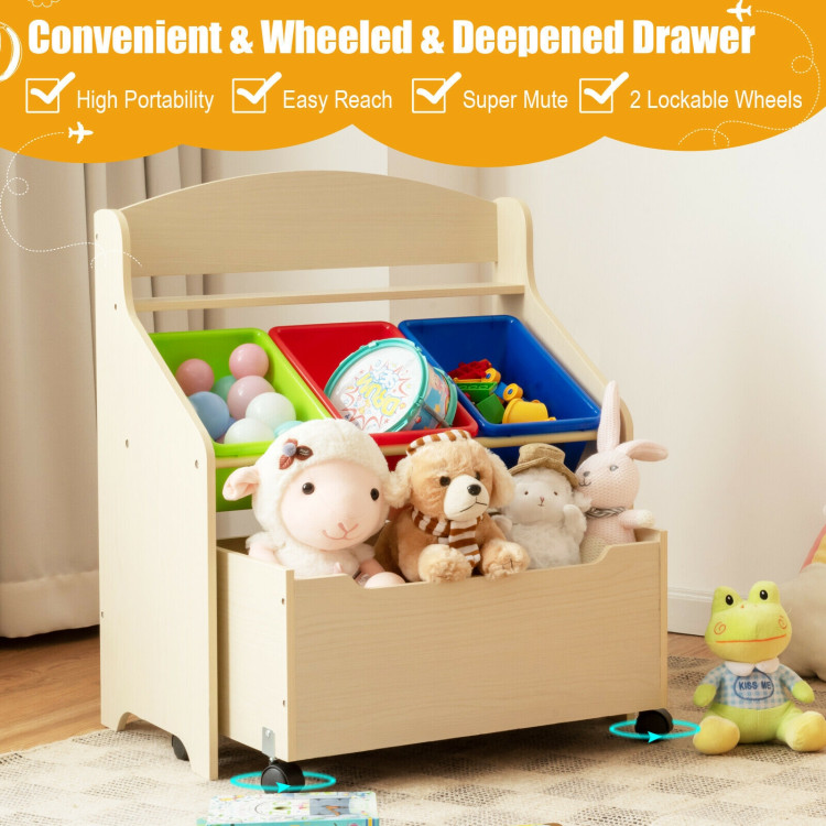 Kids Wooden Toy Storage Unit Organizer with Rolling Toy Box and Plastic Bins-NaturalCostway Gallery View 8 of 12