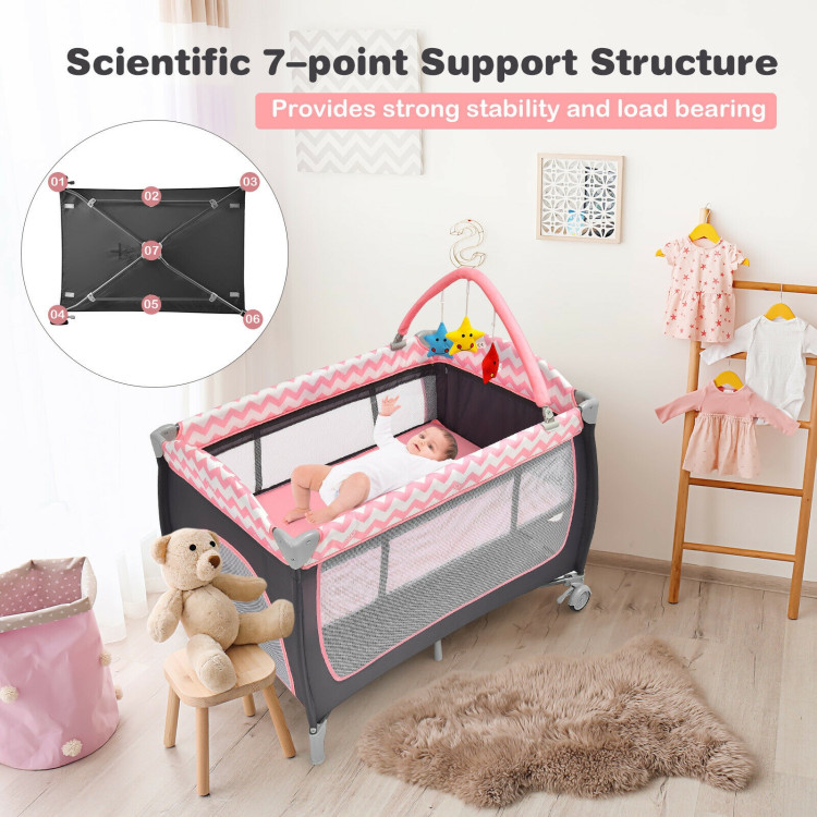 3-in-1 Portable Baby Playard with Zippered Door and Toy Bar-PinkCostway Gallery View 9 of 13