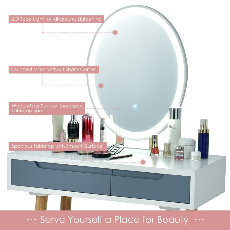 Touch Screen Vanity Makeup Table Stool Set with Lighted Mirror-GrayCostway Gallery View 10 of 12
