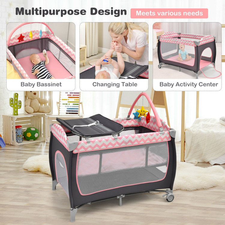 3-in-1 Portable Baby Playard with Zippered Door and Toy Bar-PinkCostway Gallery View 6 of 13