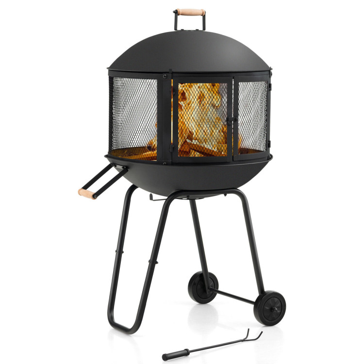 28 Inch Portable Fire Pit on Wheels with Log Grate-BlackCostway Gallery View 3 of 11