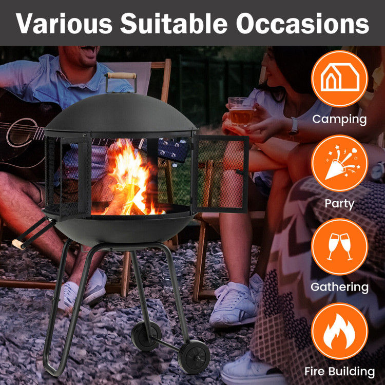 28 Inch Portable Fire Pit on Wheels with Log Grate-BlackCostway Gallery View 9 of 11