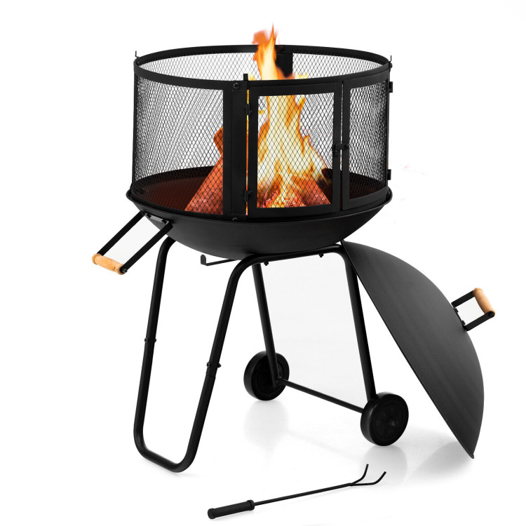 28 Inch Portable Fire Pit on Wheels with Log Grate-BlackCostway Gallery View 7 of 11