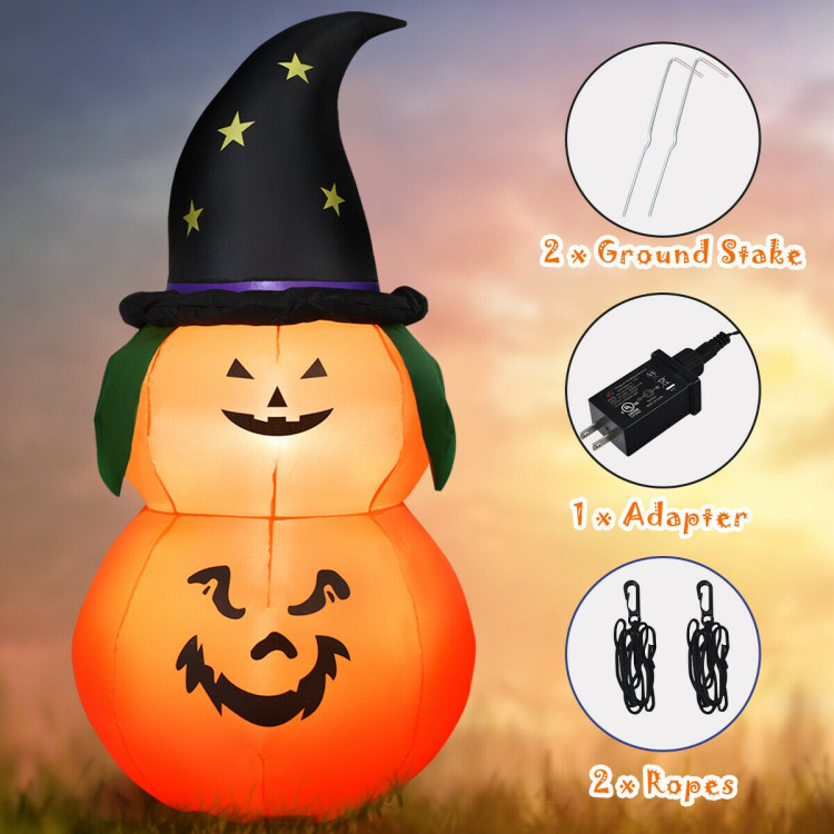 5 Feet Halloween Inflatable LED Pumpkin with Witch HatCostway Gallery View 10 of 12