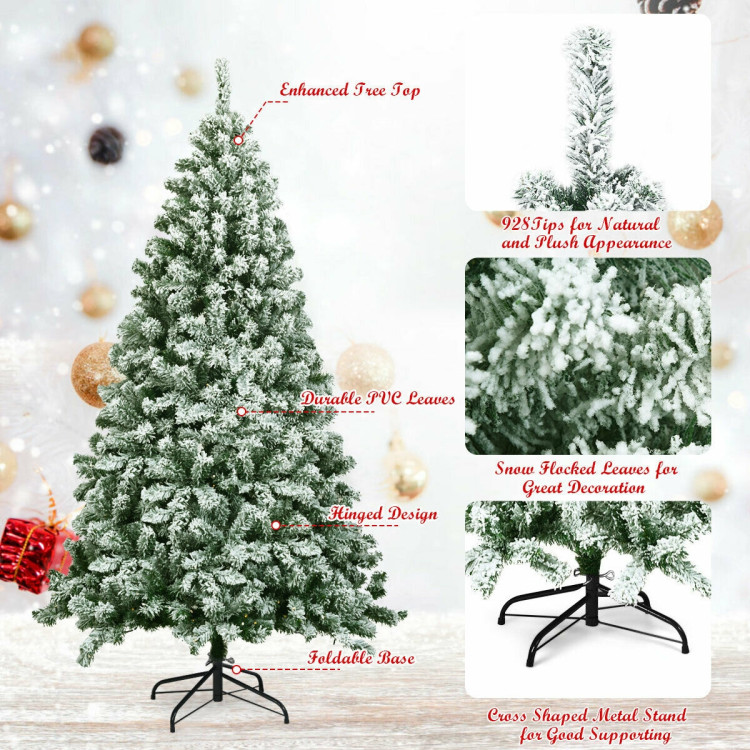 6 Feet Snow Flocked Artificial Christmas Tree Hinged with 928 TipsCostway Gallery View 8 of 10