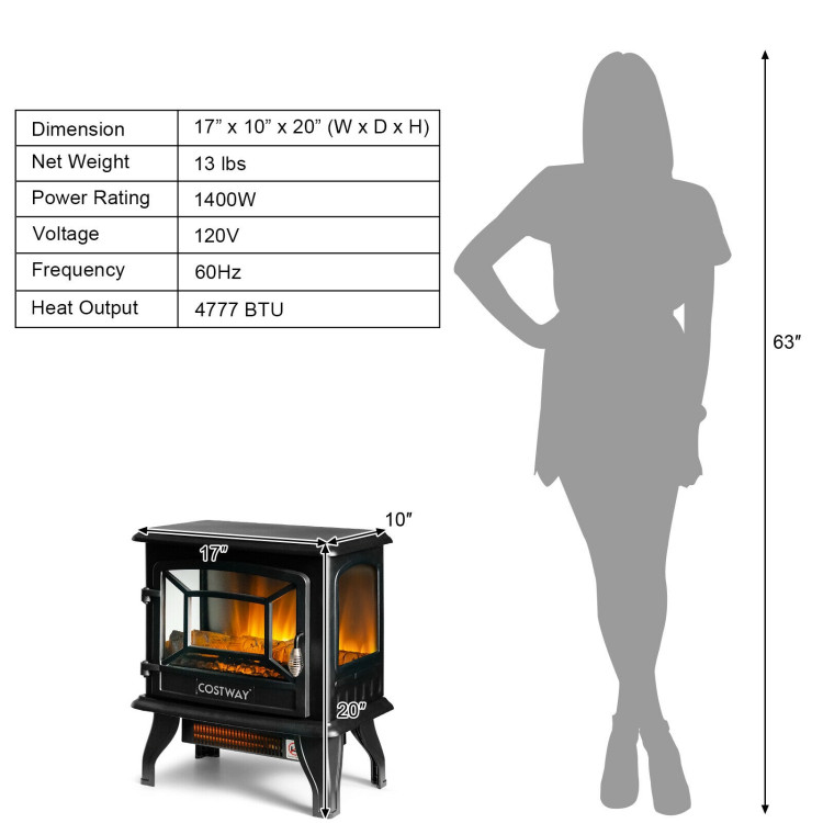 Freestanding Fireplace Heater with Realistic Dancing Flame Effect-BlackCostway Gallery View 4 of 9