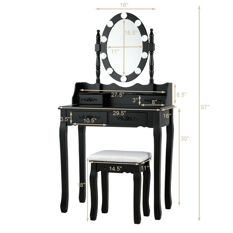 Makeup Dressing Table with Touch Switch Lighted Mirror and Cushioned Stool-BlackCostway Gallery View 12 of 12