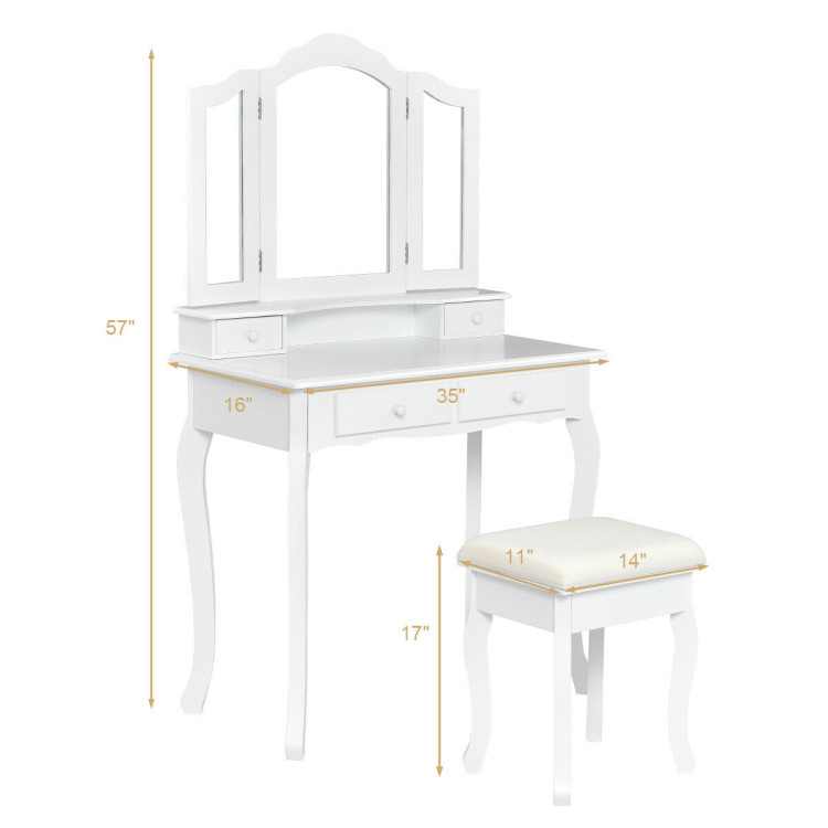 4 Drawers Wood Mirrored Vanity Dressing Table with Stool-WhiteCostway Gallery View 12 of 12