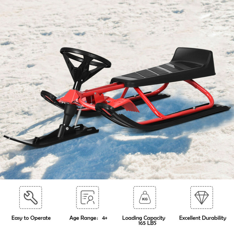 Kids Snow Sled with Steering Wheel and Double Brakes Pull RopeCostway Gallery View 3 of 9
