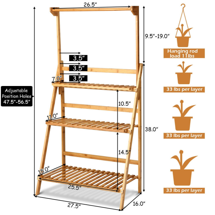 3 Tiers Bamboo Hanging Folding Plant Shelf StandCostway Gallery View 5 of 13