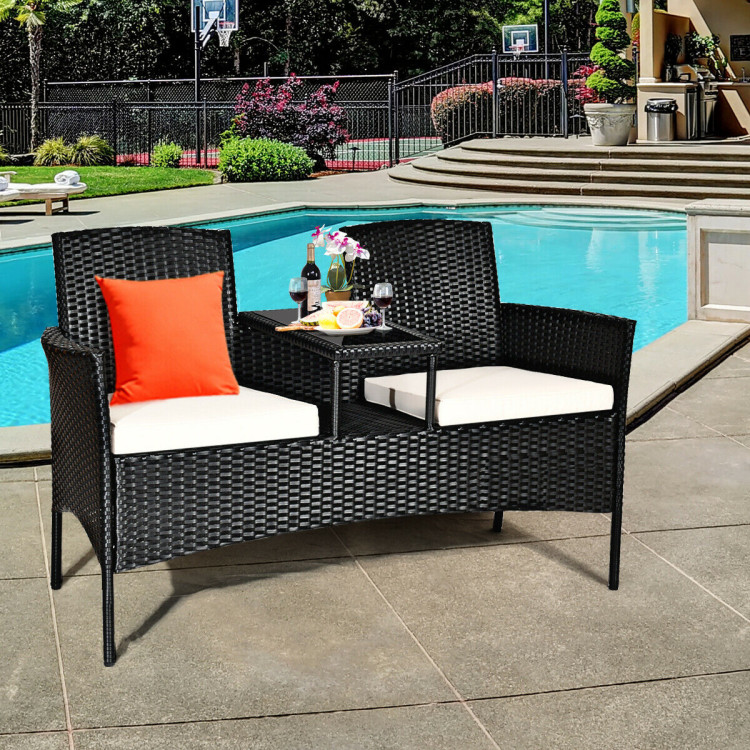Patio Rattan Set Sofa Cushioned Loveseat Glass Table ChairsCostway Gallery View 8 of 12