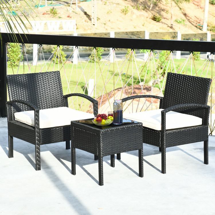 3 Pieces Outdoor Rattan Patio Conversation Set with Seat Cushions-WhiteCostway Gallery View 3 of 12