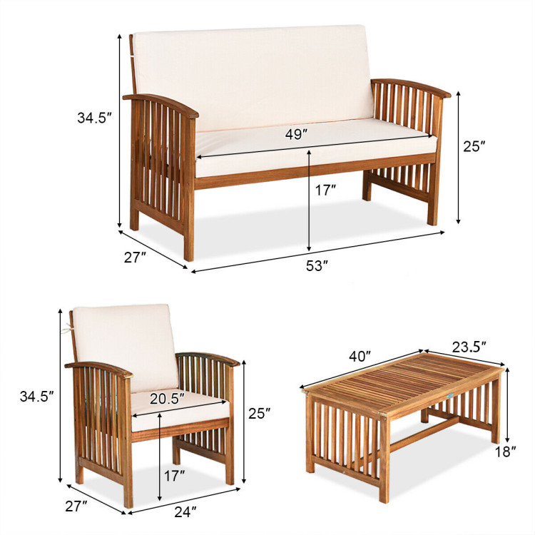 4 Pieces Patio Solid Wood Furniture Set-Beige - Gallery View 4 of 11