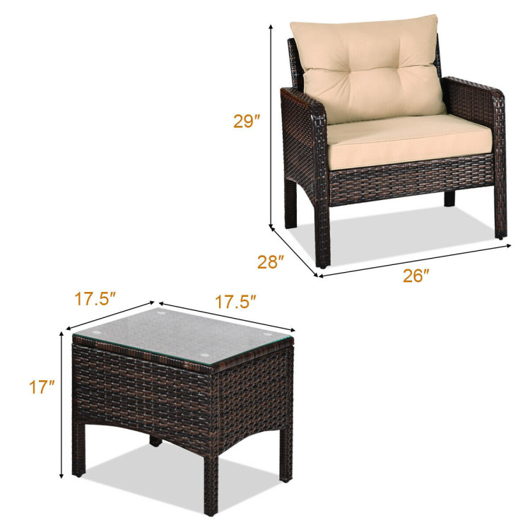 3 Pieces Outdoor Patio Rattan Conversation Set with Seat Cushions-BeigeCostway Gallery View 4 of 11