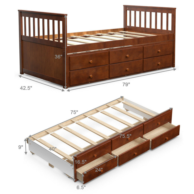 Twin Captain’s Bed with Trundle and 3 Storage Drawers-WalnutCostway Gallery View 4 of 12