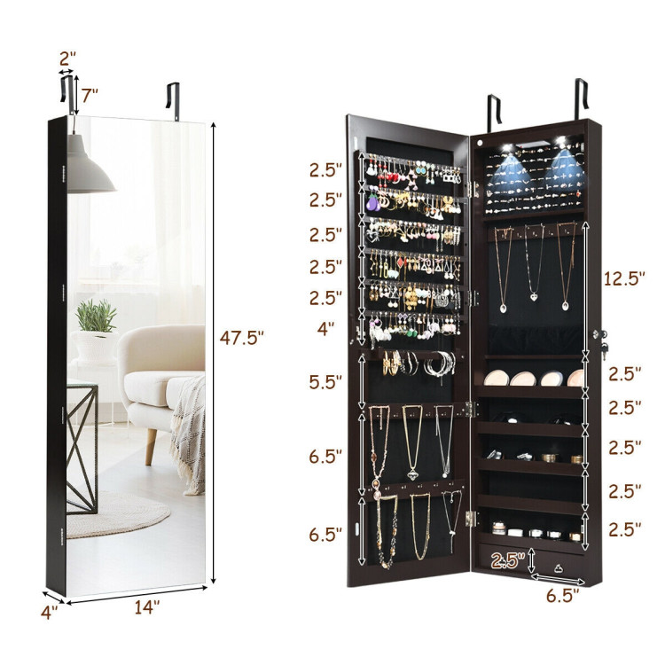 Wall and Door Mounted Mirrored Jewelry Cabinet with Lights-BrownCostway Gallery View 5 of 13