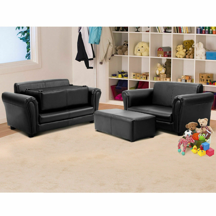 Black/White Kids Double Sofa with Ottoman-BlackCostway Gallery View 6 of 12