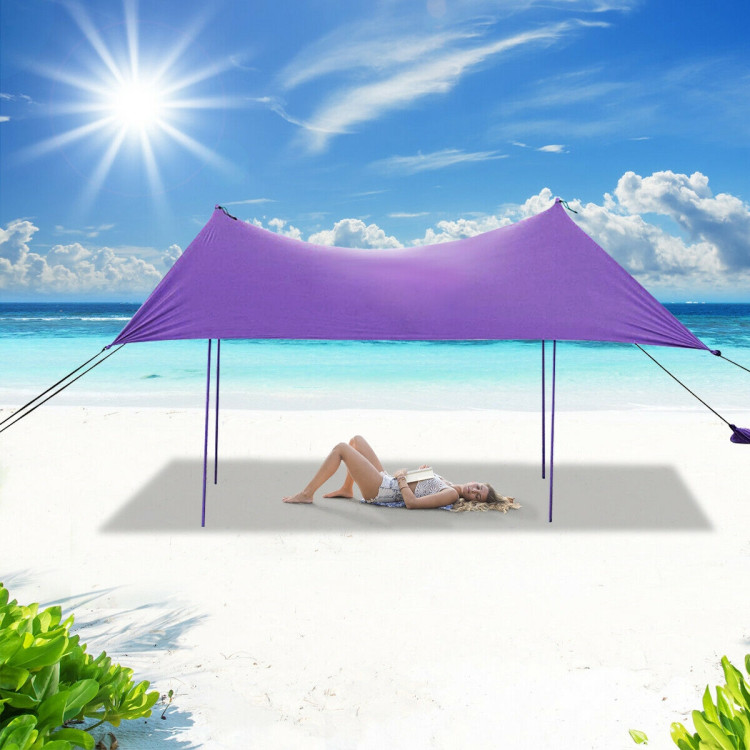 10 Foot Ride 9 Foot Family Beach Tent Canopy Sunshade with 4 Poles-PurpleCostway Gallery View 6 of 10