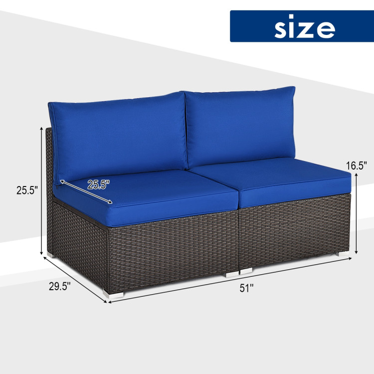2 Pieces Patio Rattan Armless Sofa Set with 2 Cushions and 2 Pillows-NavyCostway Gallery View 4 of 11