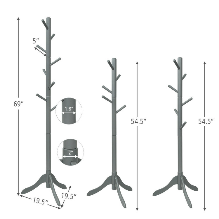 Adjustable Wooden Tree Coat Rack with 8 Hooks-GrayCostway Gallery View 4 of 12