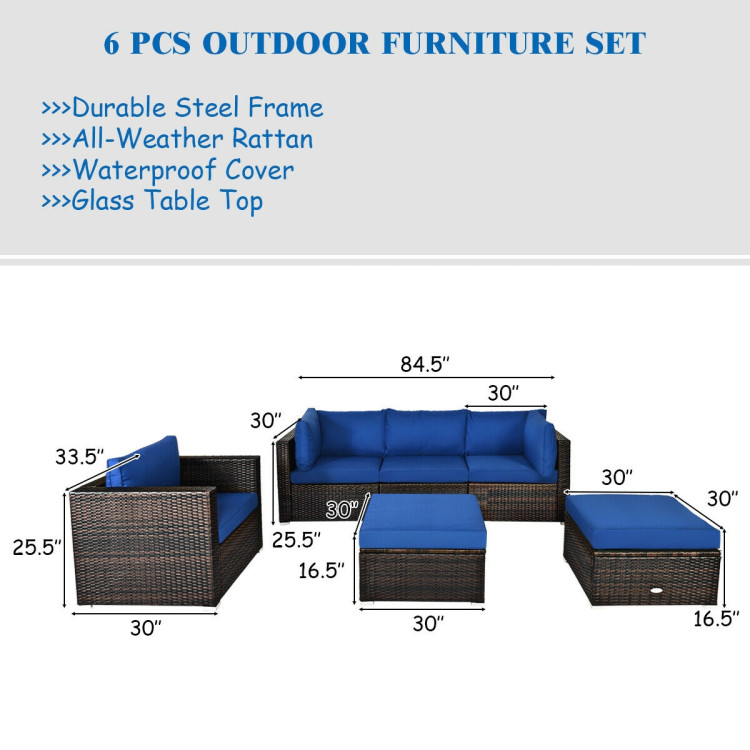 6 Pcs Patio Rattan Furniture Set with Sectional Cushion-BlueCostway Gallery View 4 of 15