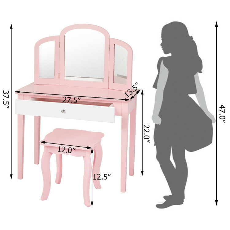 Kids Princess Make Up Dressing Table with Tri-folding Mirror and Chair-PinkCostway Gallery View 4 of 12