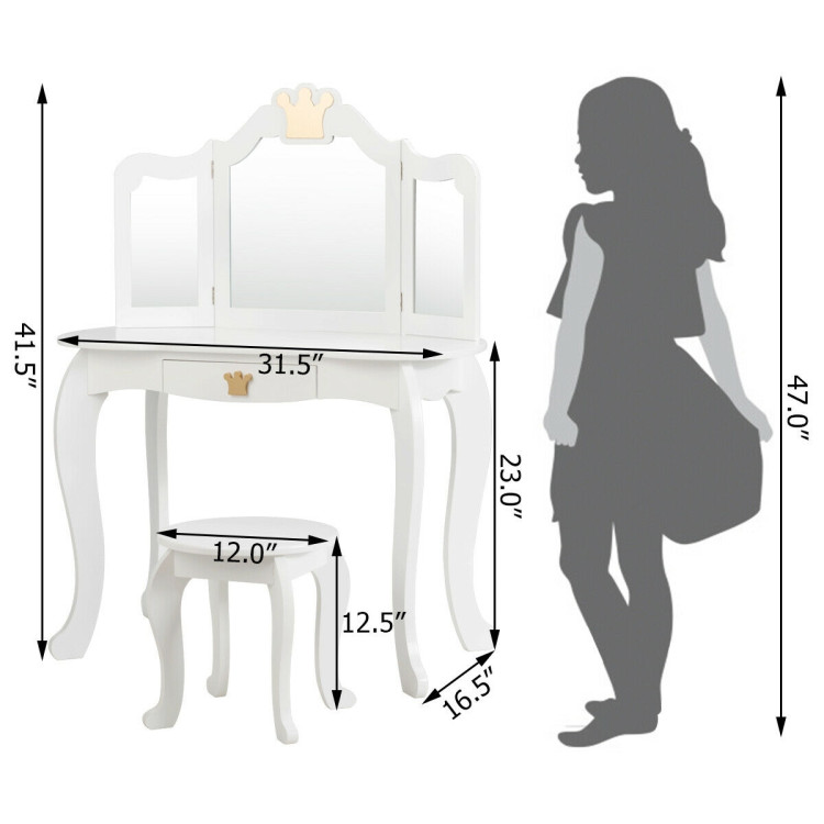 Kids Makeup Dressing Table with Tri-folding Mirror and Stool-WhiteCostway Gallery View 4 of 12