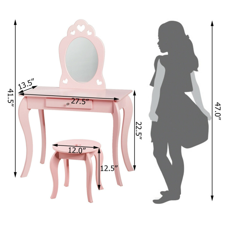 Kids Princess Makeup Dressing Play Table Set with Mirror -PinkCostway Gallery View 4 of 12