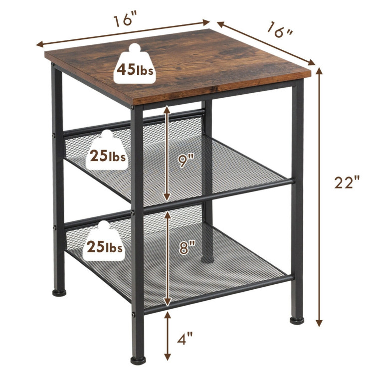 3-Tier Industrial End Table with Mesh Shelves and Adjustable ShelvesCostway Gallery View 4 of 12
