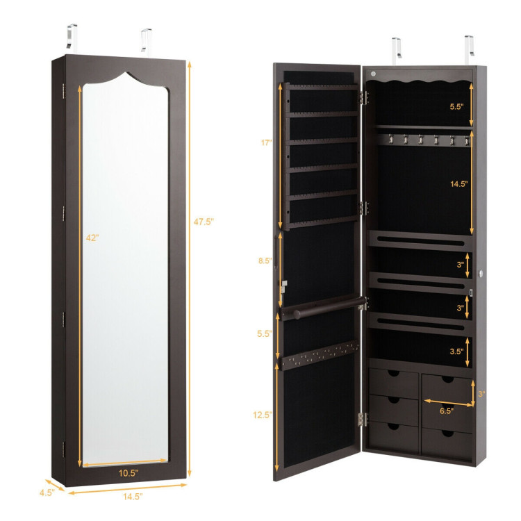 5 LEDs Lockable Mirror Jewelry Cabinet Armoire with 6 Drawers-BrownCostway Gallery View 4 of 12