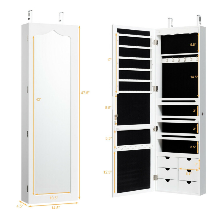 5 LEDs Lockable Mirror Jewelry Cabinet Armoire with 6 Drawers-WhiteCostway Gallery View 1 of 12