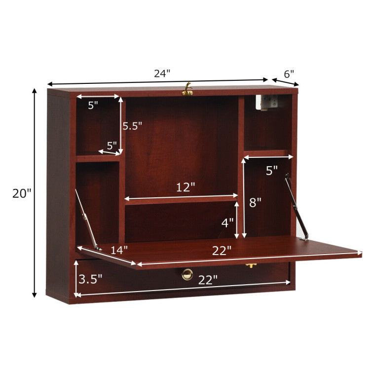 Wall Mounted Folding Laptop Desk Hideaway Storage with Drawer-BrownCostway Gallery View 5 of 10